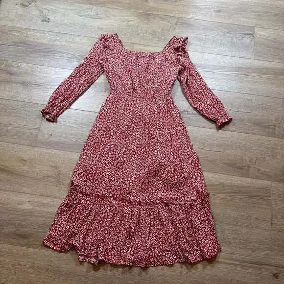 Hayden LA Rust Floral Tiered Midi Dress Square Neck Long Sleeve Boho M - Picture 2 of 9